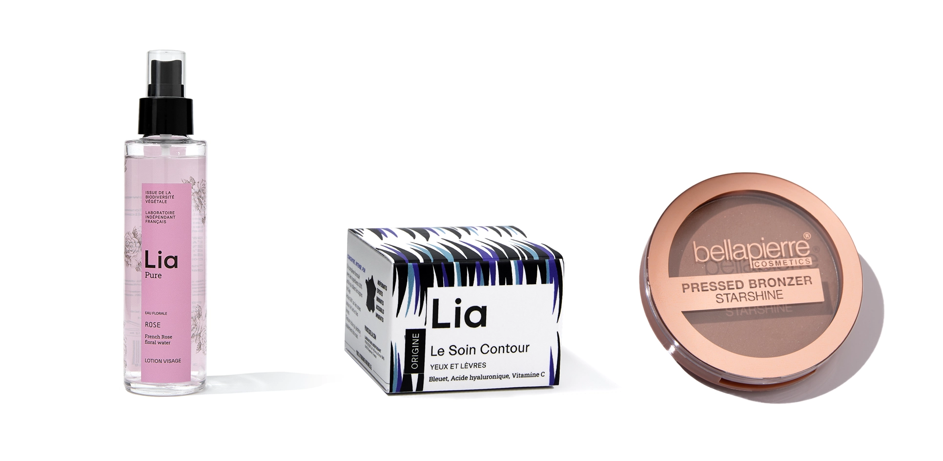 Photos packshots : lotion visage, soin contour yeux et lèvres Lia, Bellapierre cosmetics, fond blanc