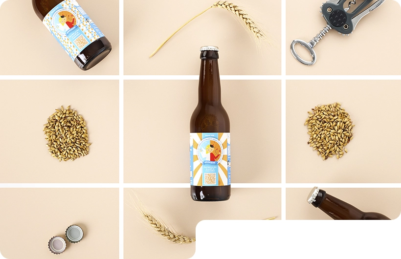 Montage bière artisanale : bouteille, grains orge, capsules, épi blé, décapsuleur, fond beige