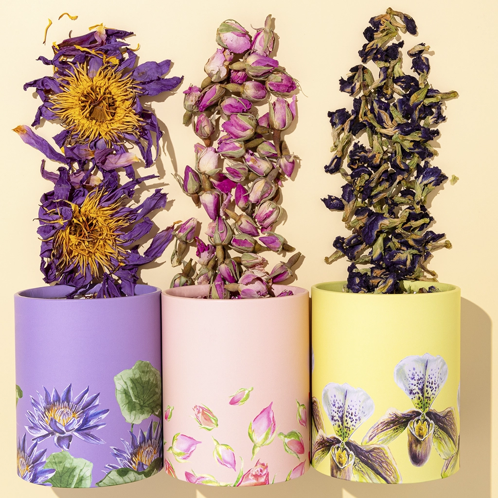 Photo lifestyle : boîtes Lotus Bleu, boutons de rose, fleurs séchés, branding infusions bien-être