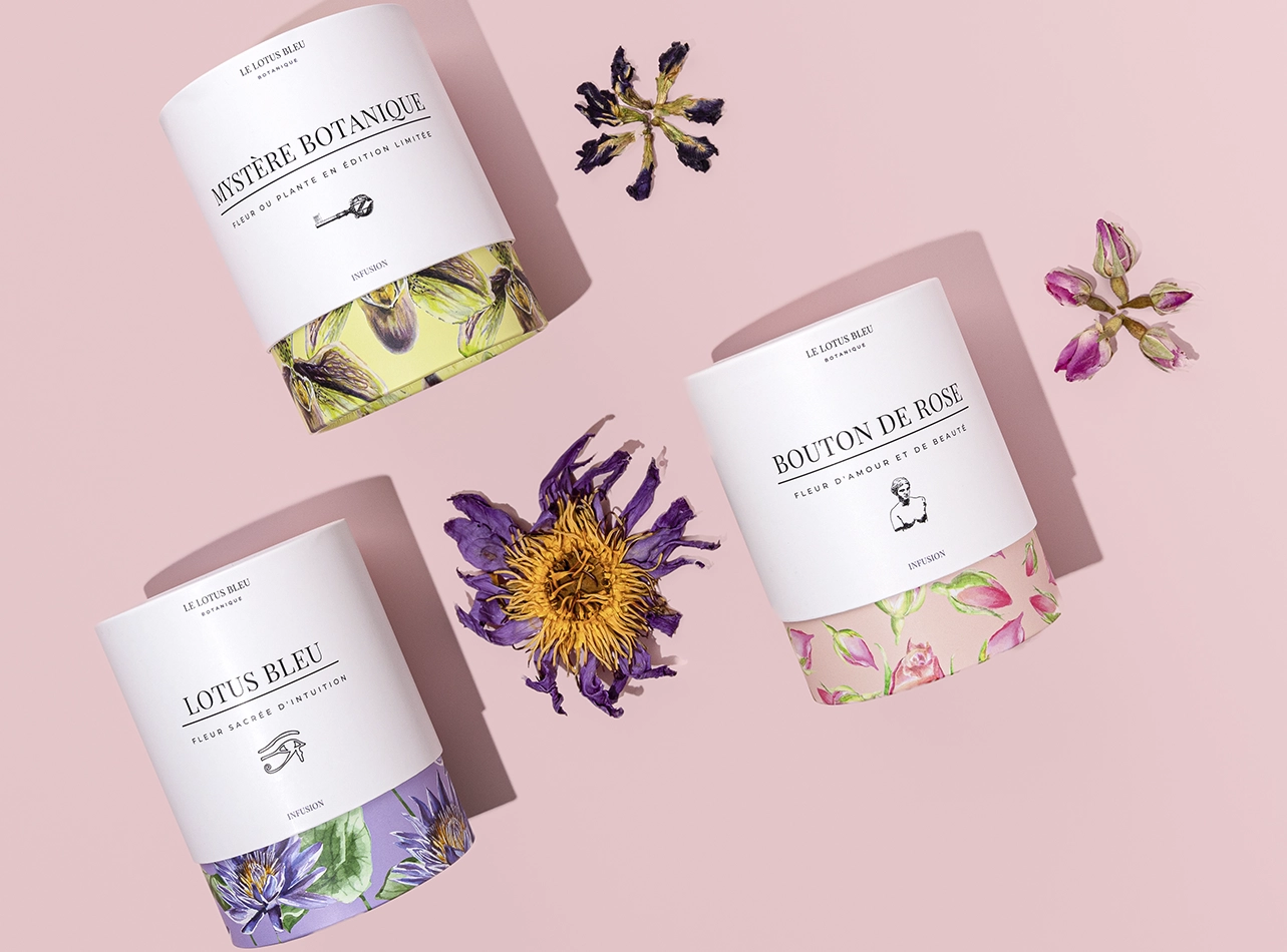 Photo lifestyle flatlay : boîtes Lotus Bleu, fleurs séchées sur fond rose, visuel produits infusions