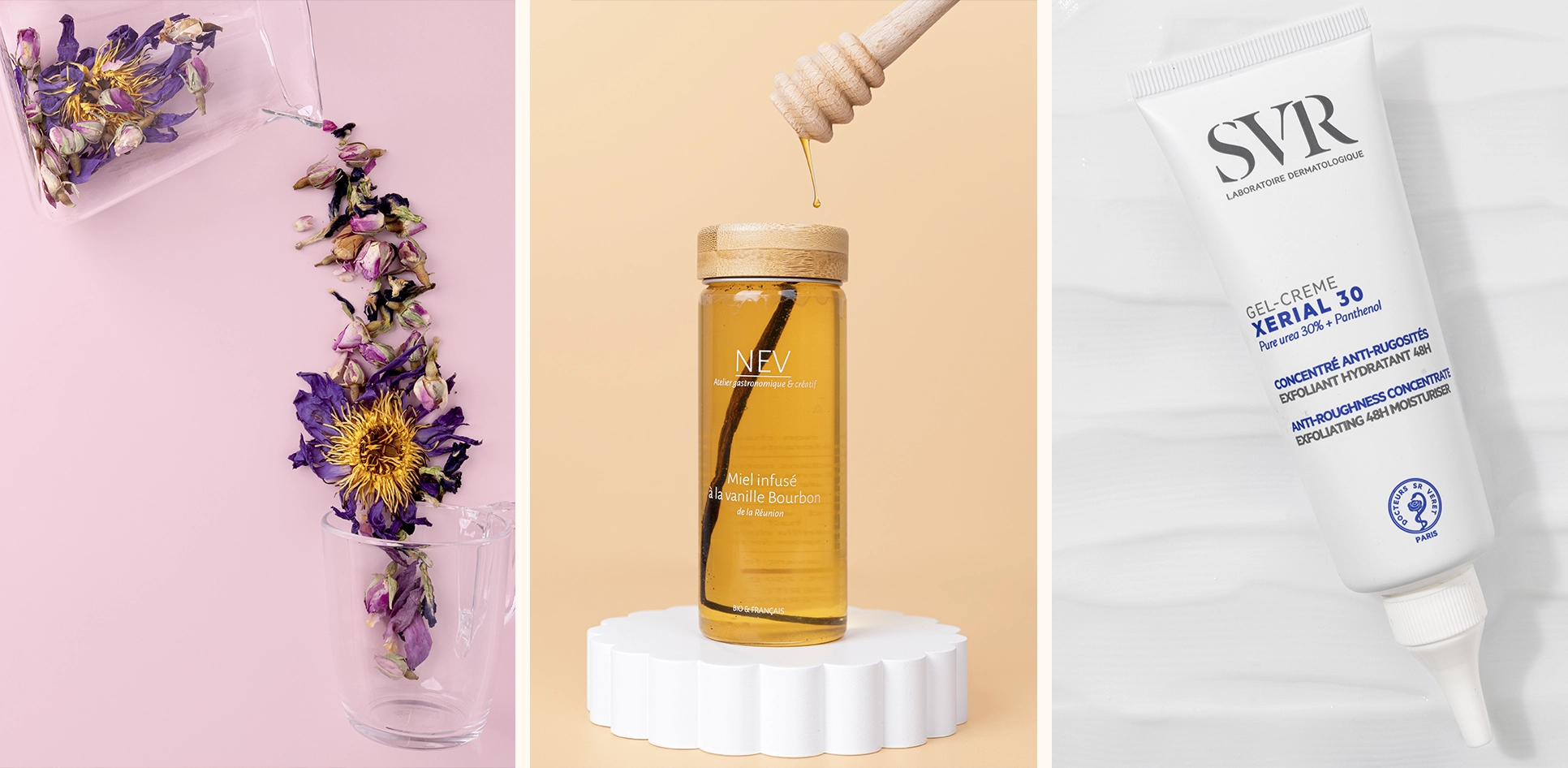 Montage lifestyle : fleurs séchées, miel infusé à la vanille, crème SVR, compositions élégantes