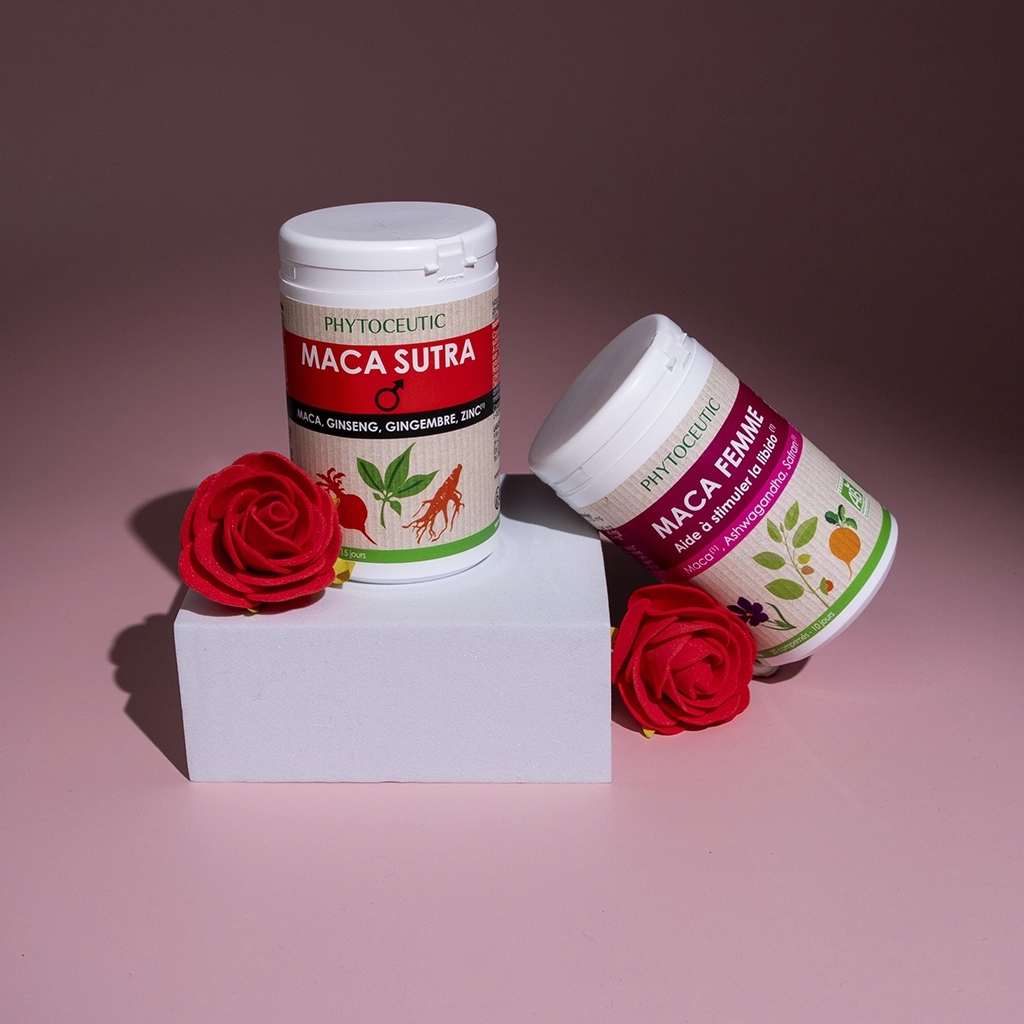 Photo lifestyle packshot compléments alimentaires Phytoceutic Maca Sutra et Maca Femme, roses rouges